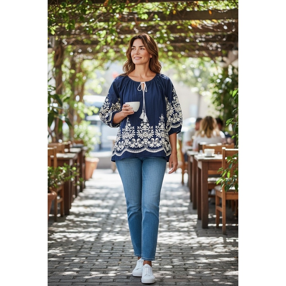 Highness Sheer Navy Blue Embroidered Peasant Blouse Boho Tassel Top 1X Rayon